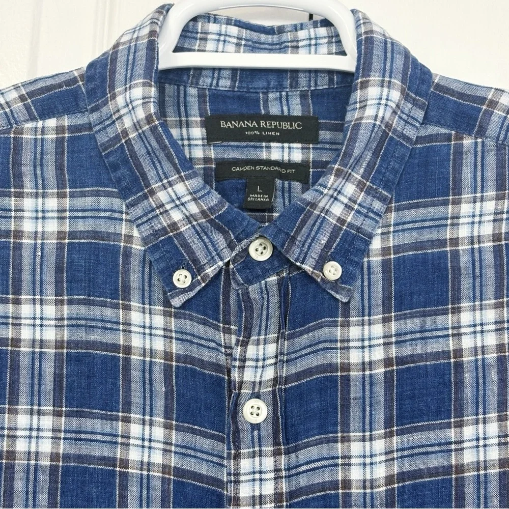 Banana Republic Blue Plaid 100% Linen Camden Standard Fit Shirt Large